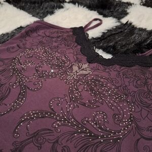 Purple Rhinestone Cami black lace trim y2k grunge goth top small